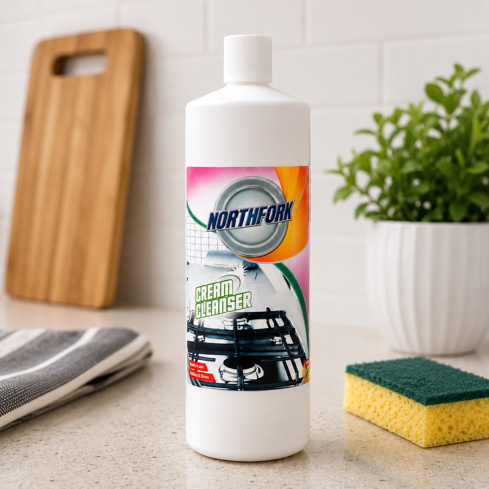 Northfork Cream Cleanser 1 Litre displayed on a modern kitchen benchtop beside a cleaning sponge, folded kitchen towel, chopping board and potted plant. The lifestyle setting highlights the product as an everyday solution for maintaining clean kitchen surfaces.