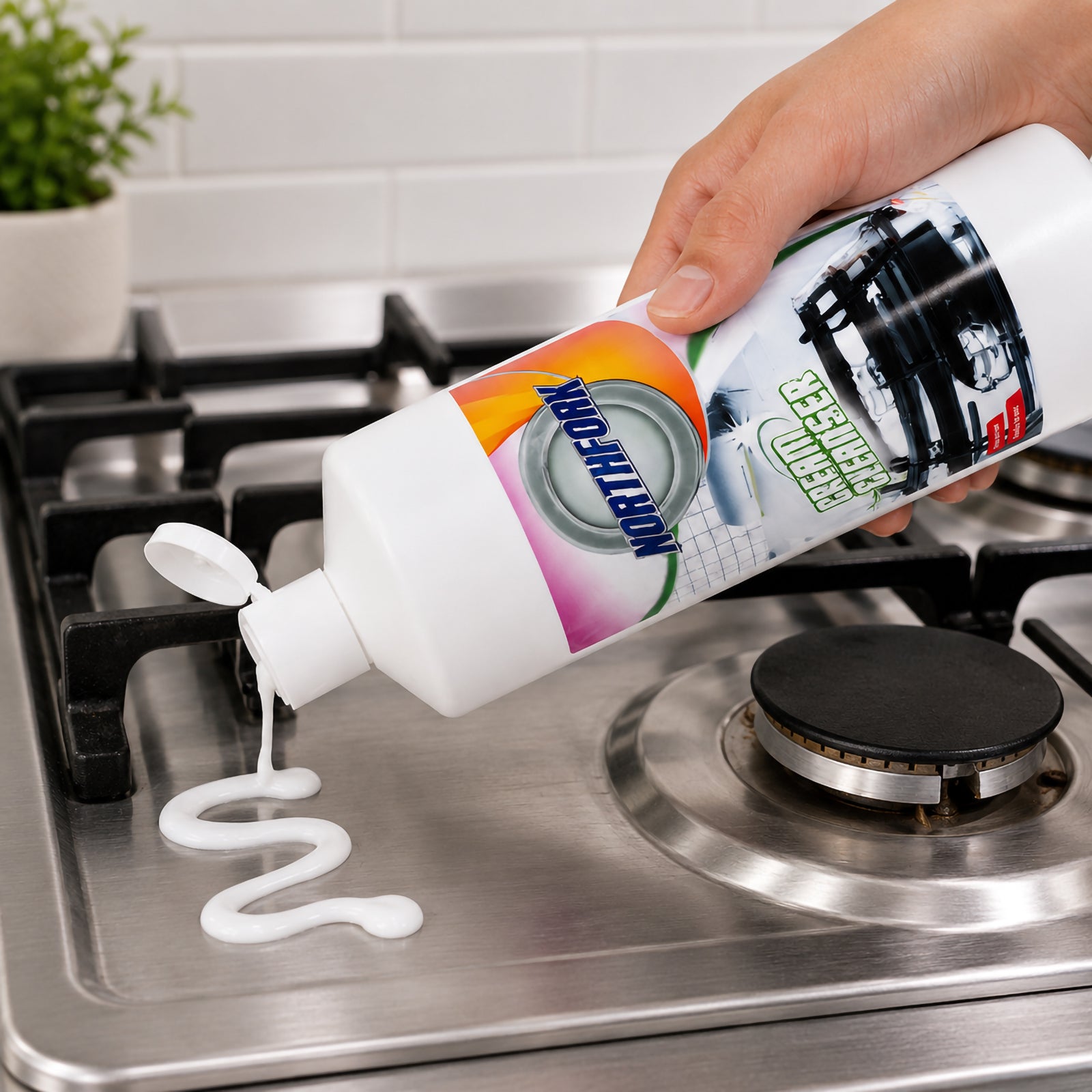 Northfork Cream Cleanser 1 Litre being applied directly onto a stainless steel gas cooktop before cleaning. The creamy formula is shown dispensing evenly across the surface, demonstrating its effectiveness for removing grease, burnt on residue and kitchen grime.