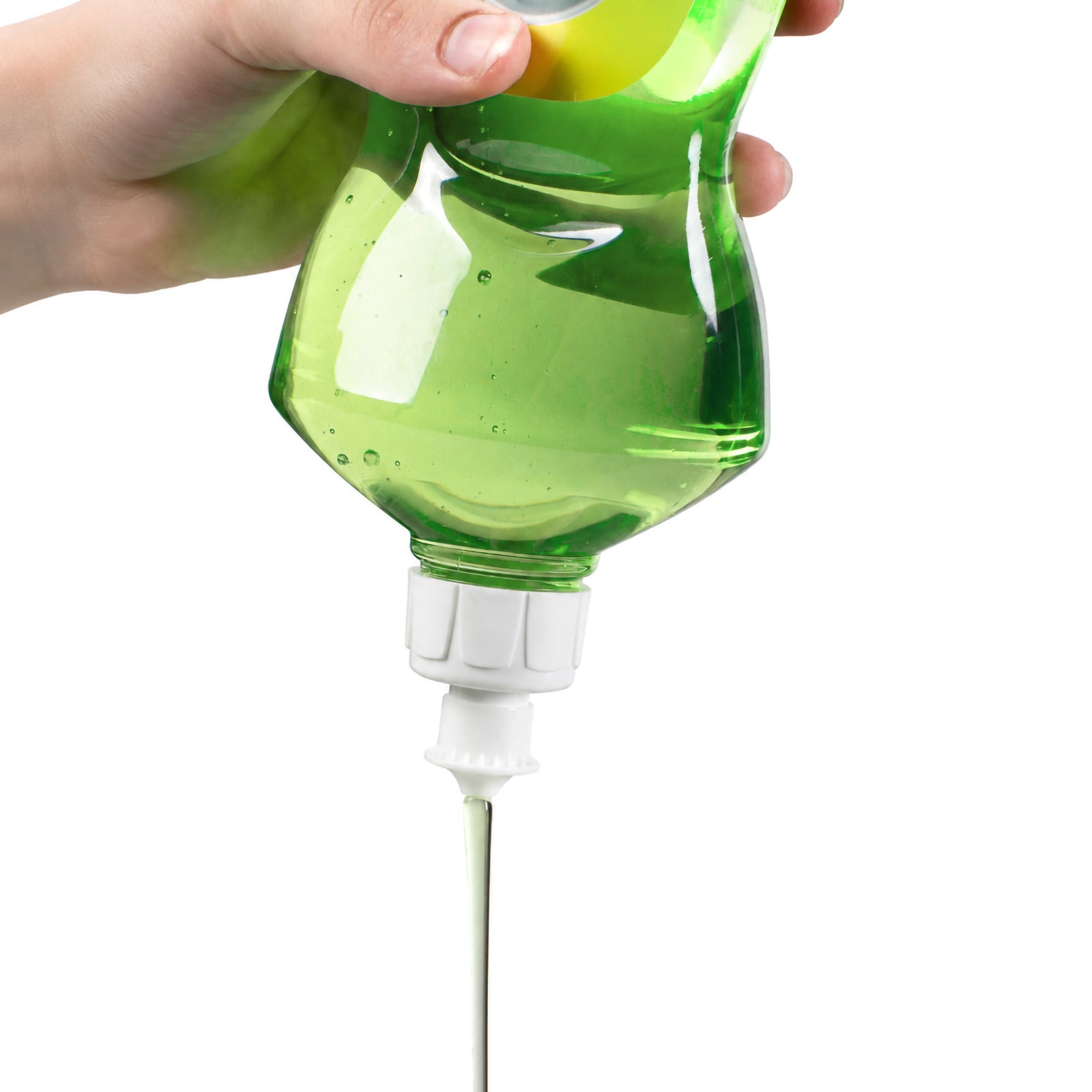 Close up of the Northfork Dishwashing Liquid 1L bottle being inverted while dispensing a controlled stream of concentrated liquid against a white background. The image highlights the convenient flip top dispensing cap and thick concentrated formula.