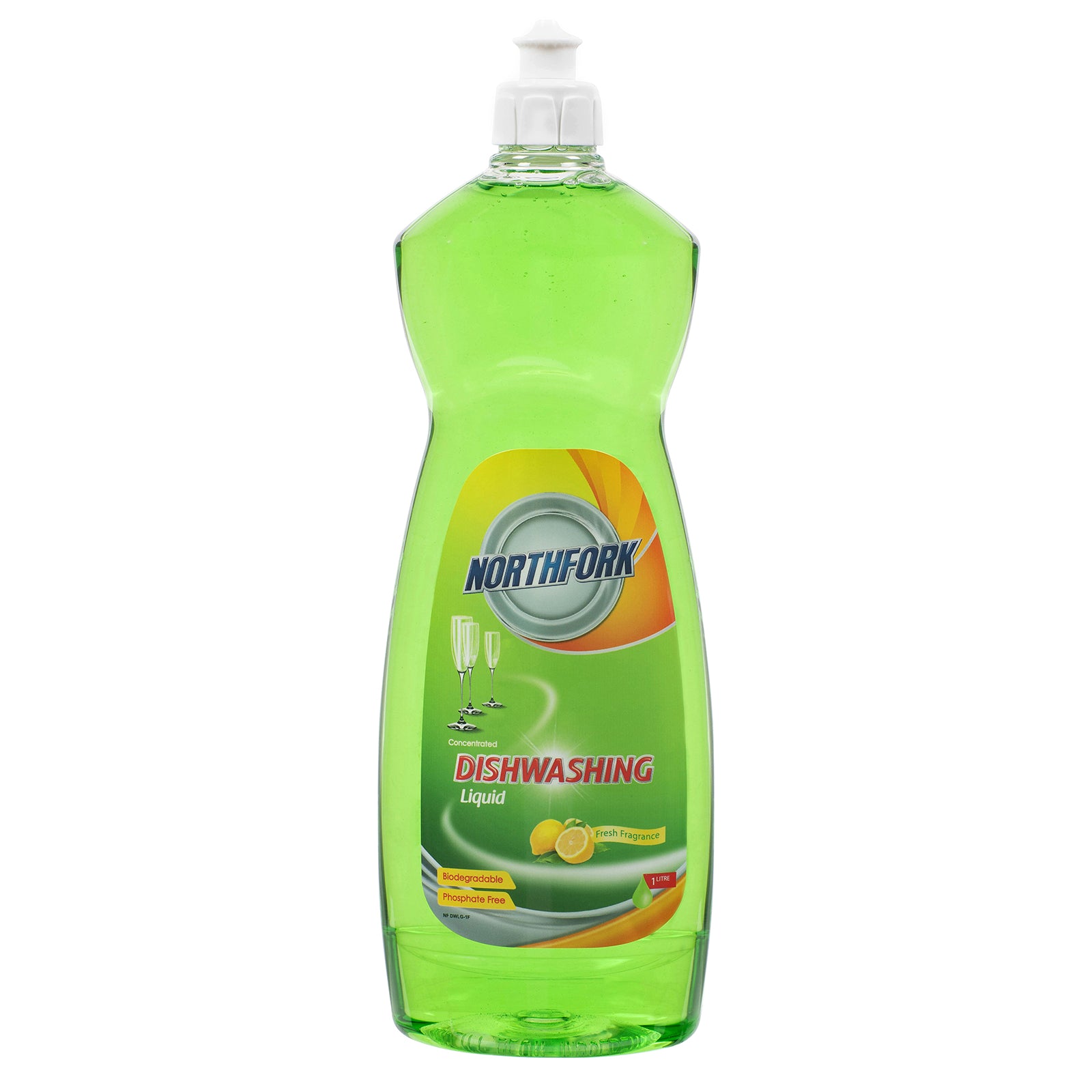 Front studio image of the Northfork Dishwashing Liquid 1L bottle against a clean white background. The fresh green liquid, lemon themed label and ergonomic bottle design are clearly visible, making it suitable as a primary ecommerce catalogue image.