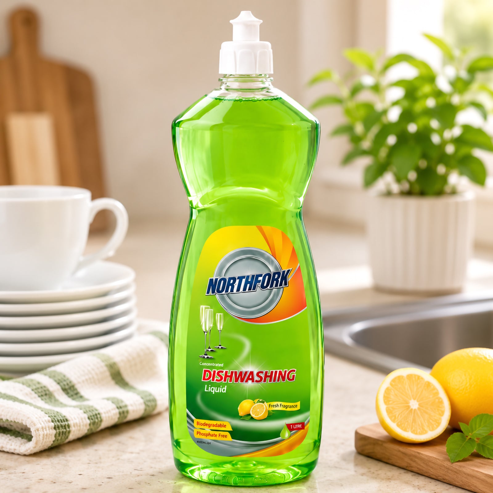 Northfork Dishwashing Liquid 1L standing on a clean kitchen benchtop beside stacked dishes, fresh lemons and a potted plant. The bright natural lighting and organised kitchen environment showcase the product as an ideal everyday dishwashing solution for home and workplace kitchens.