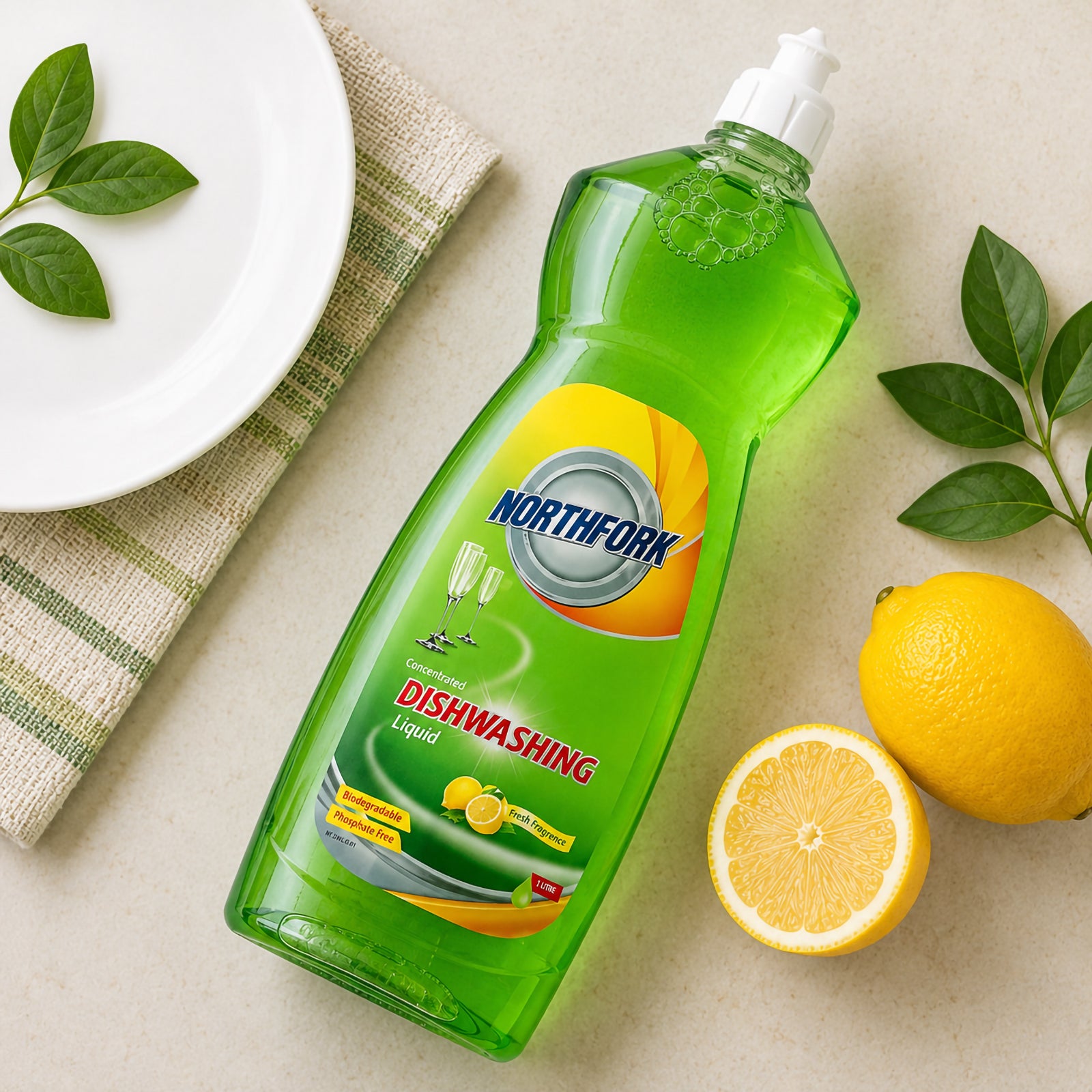 Top view of the Northfork Dishwashing Liquid 1L bottle displayed with fresh lemons, green leaves, a folded kitchen towel and a clean white plate. The arrangement highlights the fresh lemon fragrance and environmentally conscious cleaning formula in a bright kitchen setting.