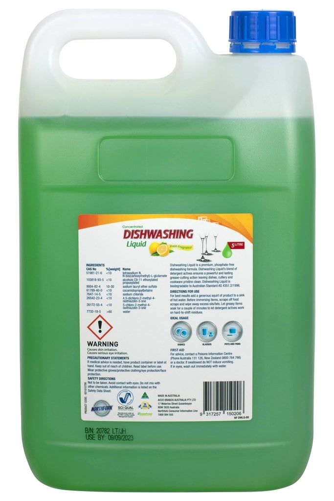 Back label of the Northfork dishwashing liquid 5 litre container with ingredients, directions, Warning label and barcode, one of 3 in the carton