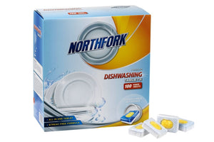 Northfork Dishwashing Tablets All in One box of 100 with wrapped tablets in front