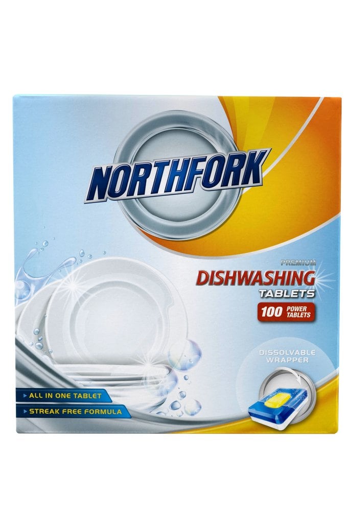 Front of the Northfork Dishwashing Tablets box printed 100 power tablets