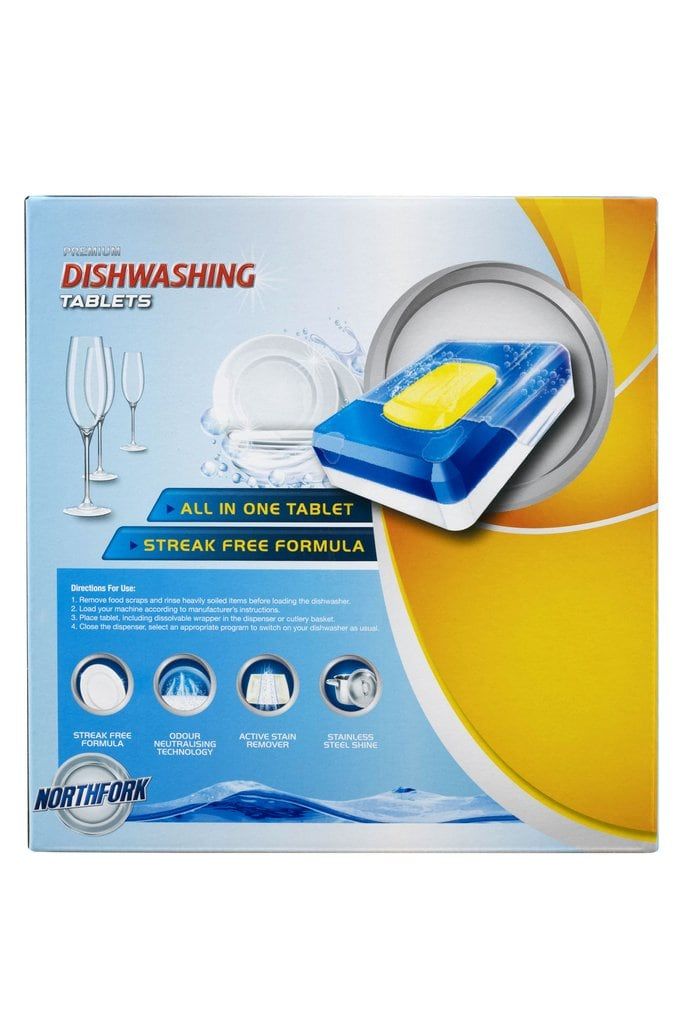 Back of the Northfork Dishwashing Tablets box of 100 with directions for use