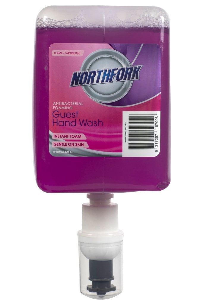 Northfork Antibacterial Foaming Guest Hand Wash 1L cartridge with pink liquid and pump nozzle, front label, sold as a carton of 6 cartridges