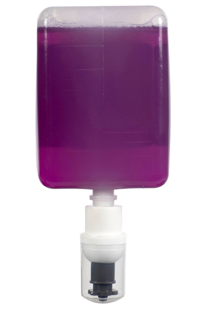 Back of the Northfork Guest foaming hand wash 1L cartridge showing the pink liquid and nozzle, one of 6 in the carton