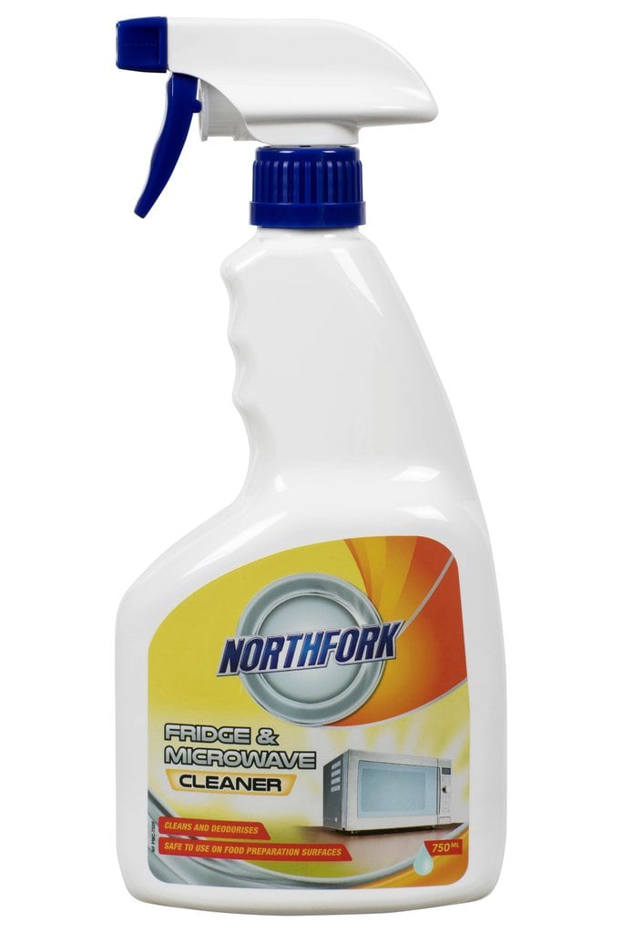 Northfork Fridge and Microwave Cleaner 750ml trigger spray bottle, front label, sold as a carton of 12 bottles