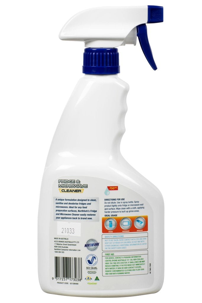Back label of the Northfork Fridge and Microwave Cleaner 750ml bottle with directions, first aid, Made in Australia and barcode, one of 12 in the carton