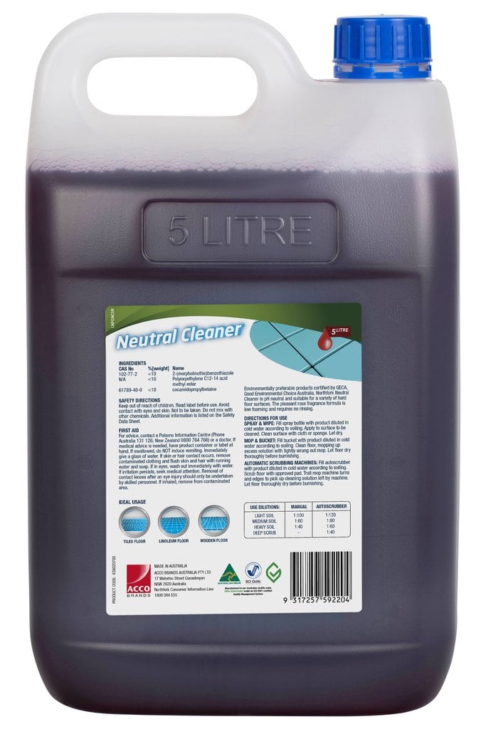 Back label of Northfork GECA Neutral Cleaner 5 litre showing directions and dilution table