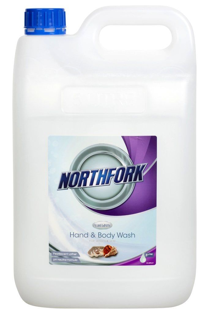 Northfork Hand and Body Wash Pearl White 5 litre container, sold as a carton of 3, front label