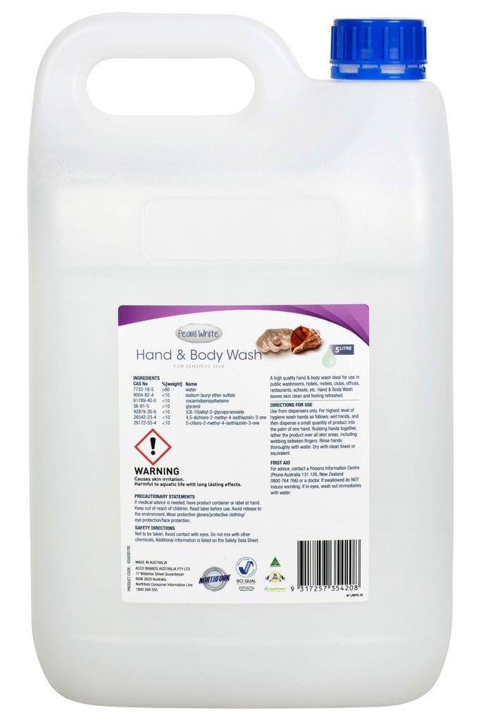 Back label of the Northfork Hand and Body Wash 5 litre container with Warning and directions