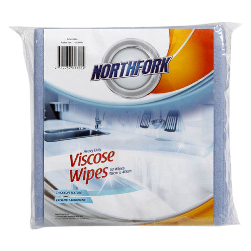Northfork Heavy Duty Viscose Wipes 380x400mm blue pack of 10, extra-large lint-free high-absorbency cleaning cloths for commercial and industrial use