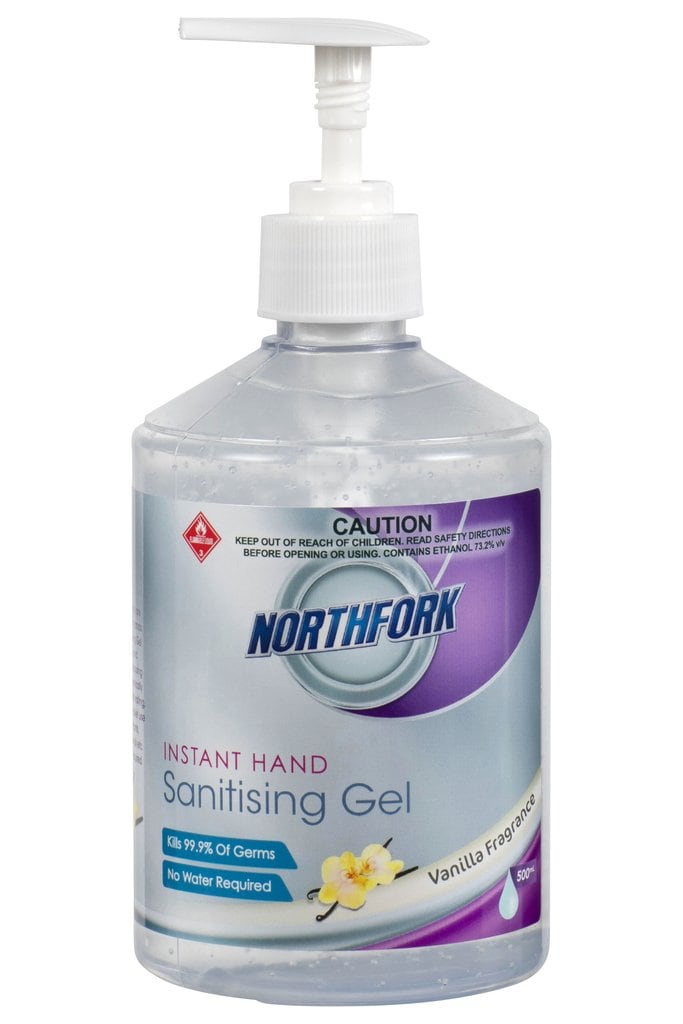Northfork Instant Hand Sanitising Gel 500ml pump bottle, front label showing Vanilla Fragrance, Kills 99.9% of Germs and a flammable warning, sold as a carton of 12 bottles