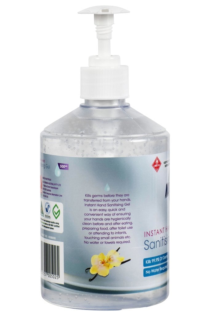 Side view of the Northfork instant hand sanitising gel 500ml pump bottle with the description panel, one of 12 in the carton