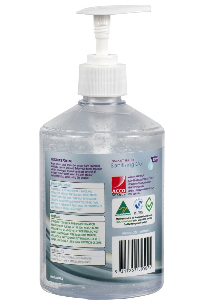 Back label of the Northfork instant hand sanitising gel 500ml bottle with directions, safety directions and barcode, from a carton of 12