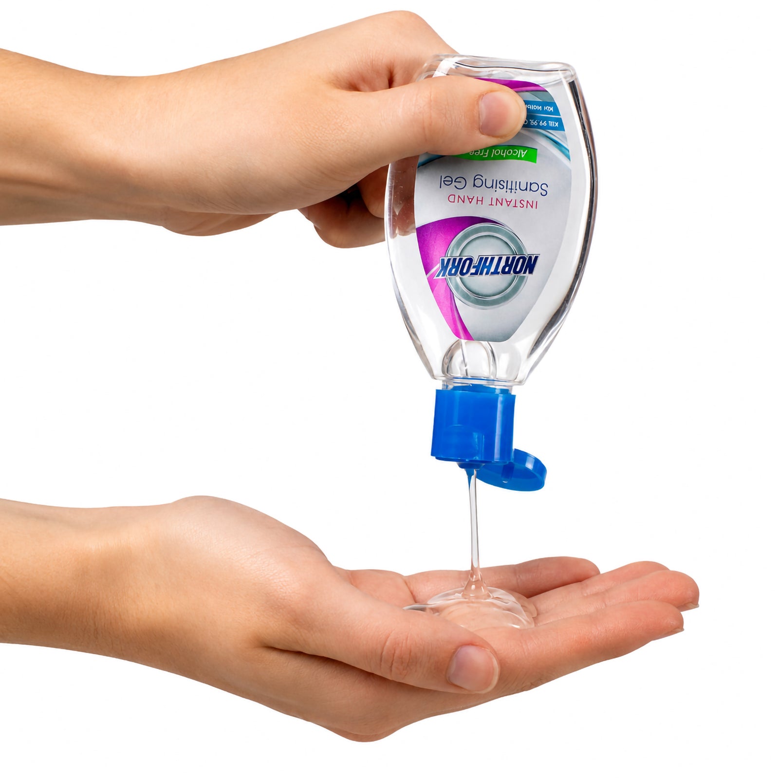 Close up of the Northfork Instant Hand Sanitising Gel 70ml bottle being squeezed upside down to dispense a clear gel into an open hand against a white background. The image highlights the controlled flip top dispensing cap and smooth gel consistency.