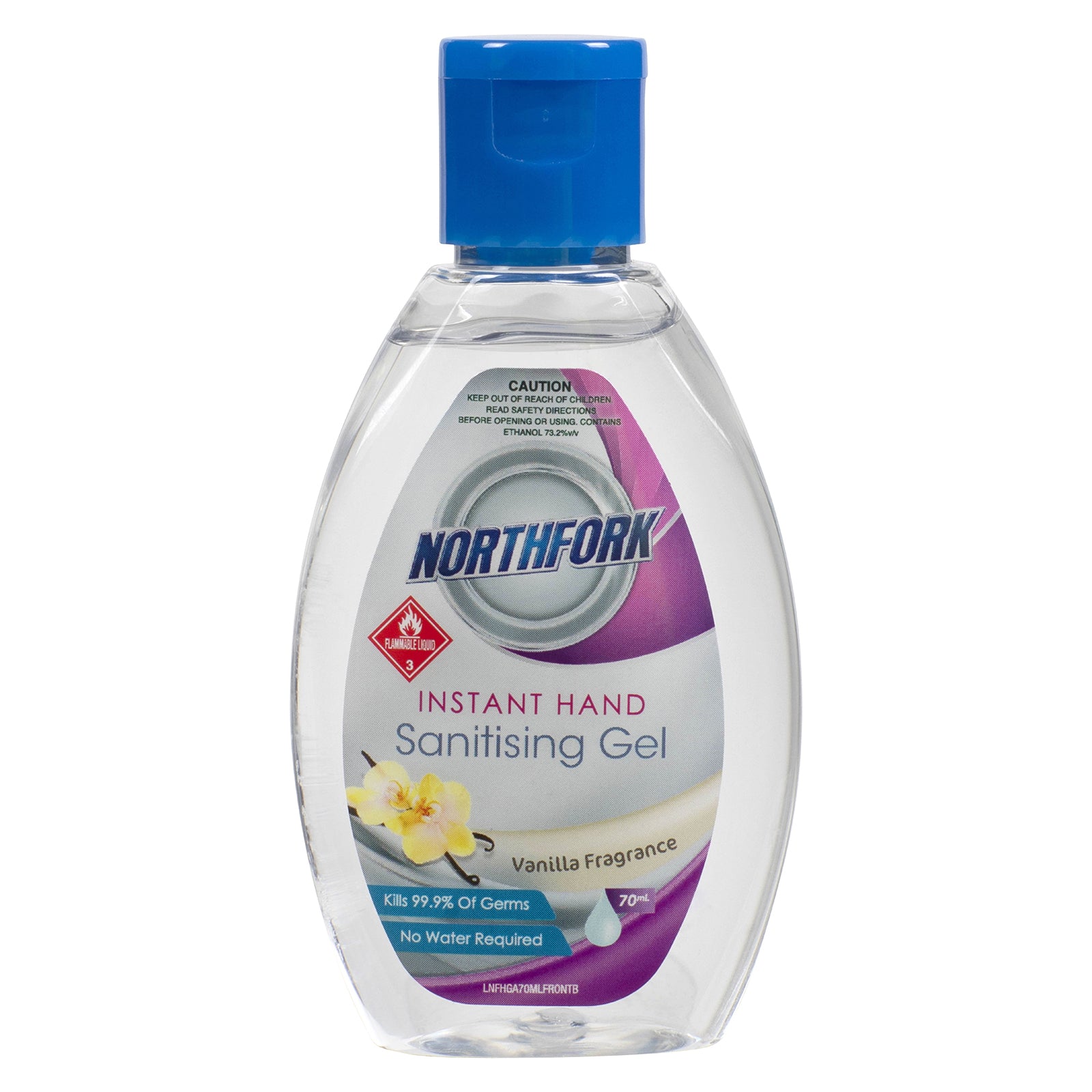 Front studio image of the Northfork Instant Hand Sanitising Gel 70ml bottle against a clean white background. The clear bottle, blue flip top cap and vanilla fragrance label are clearly visible, making it ideal as a primary ecommerce catalogue image.