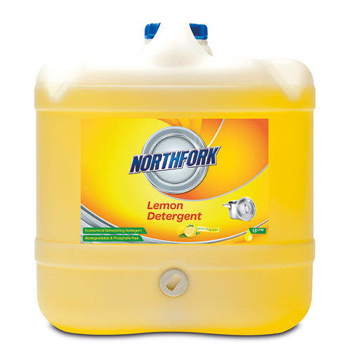 Northfork Lemon Detergent 15 Litre bulk drum for commercial dishwashing, yellow label with lemon fragrance branding, suitable for restaurants and workplace kitchens