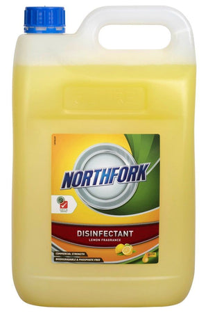Northfork GECA Lemon Disinfectant 5 litre drum front label, sold in a carton of 3