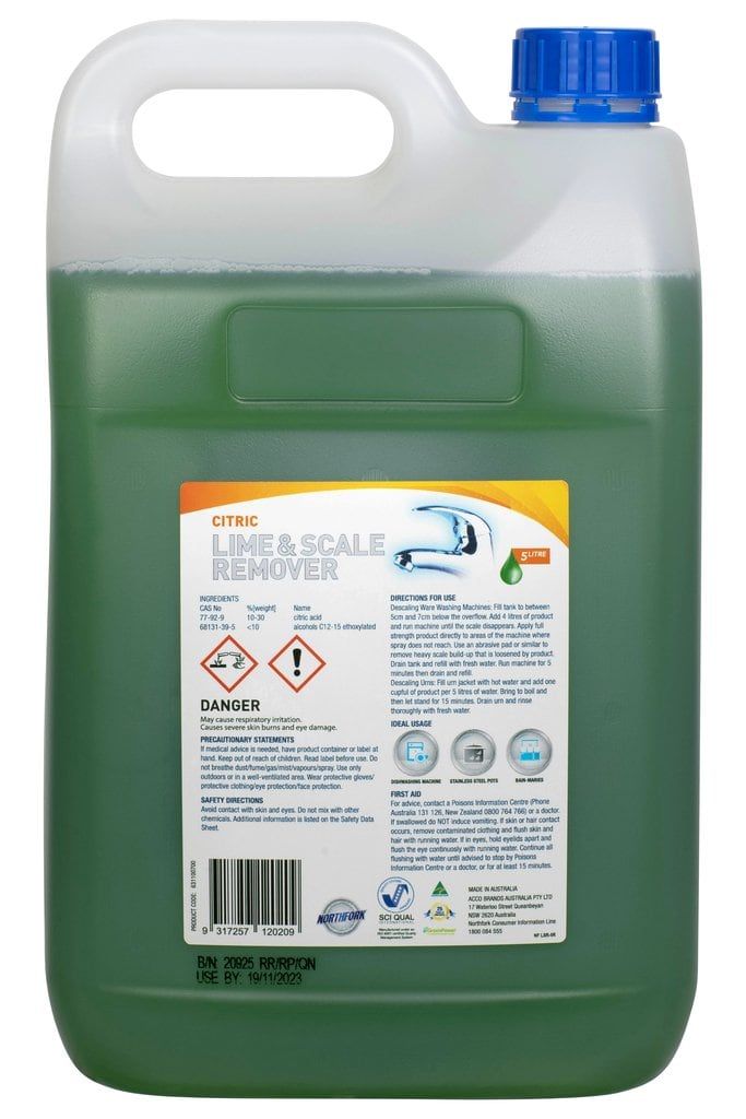 Back label of the Northfork Lime and Scale Remover 5 litre with citric acid ingredients, Danger warning, descaling directions and Made in Australia, one of 3 in the carton