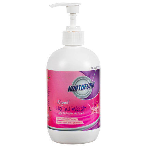 Northfork Liquid Hand Wash 500ml pump bottle, low-scent gentle phosphate-free formula for workplace washrooms and food service areas
