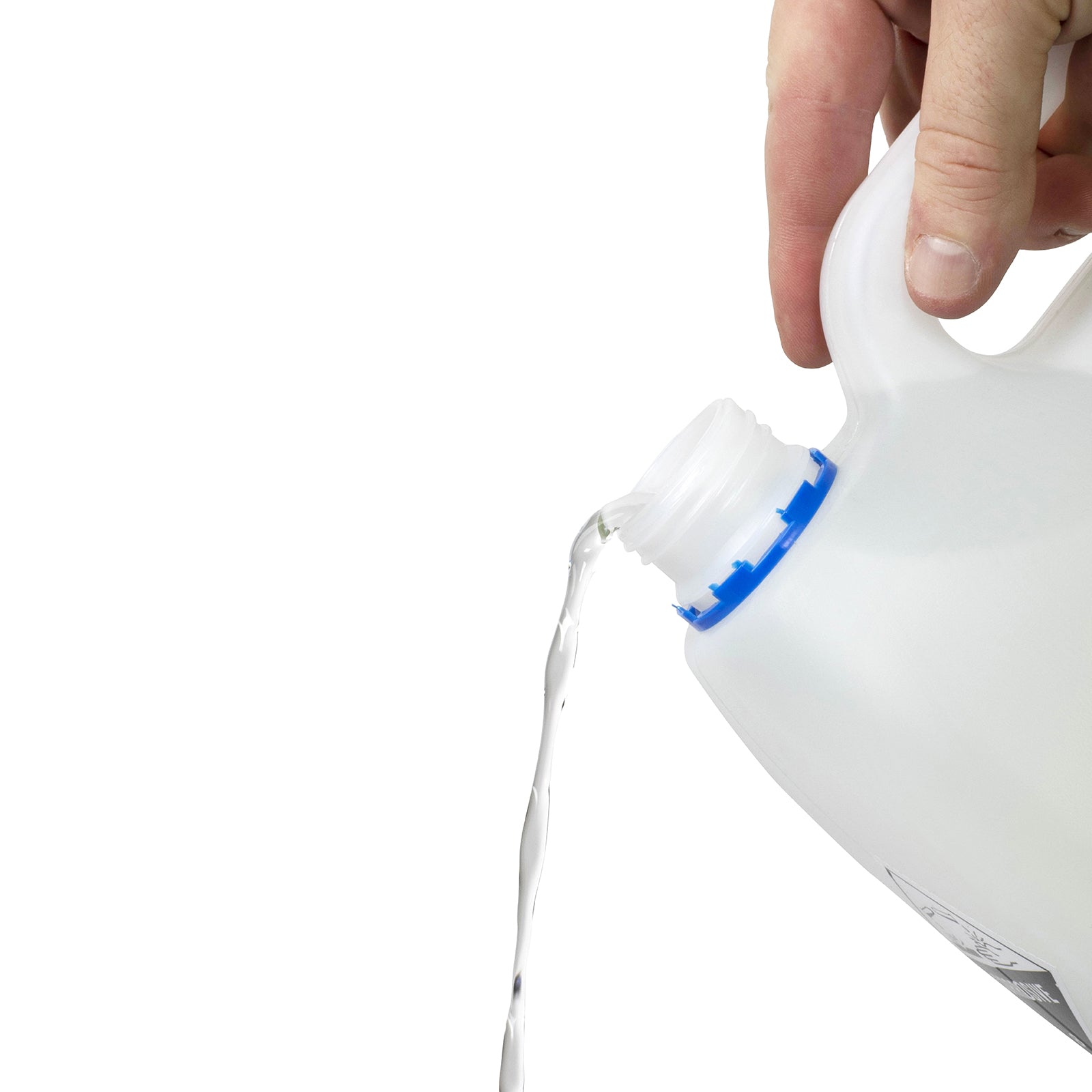 Close up of the Northfork Machine Dishwashing Liquid 5L container being tilted while pouring the clear liquid against a white background. The image highlights the ergonomic handle, controlled pouring action and easy handling during refilling.