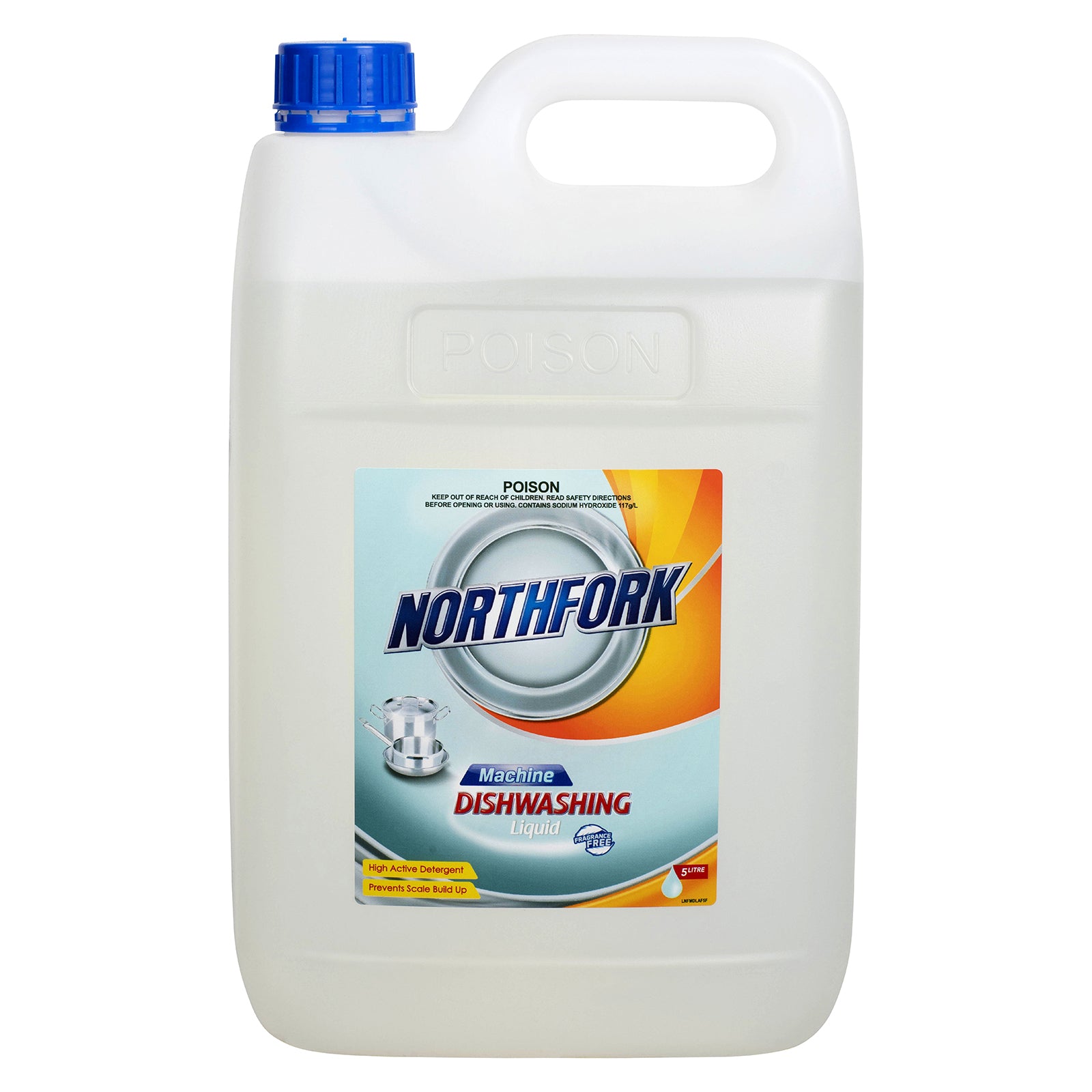 Front studio image of the Northfork Machine Dishwashing Liquid 5L container against a clean white background. The product label, blue cap and heavy duty commercial packaging are clearly visible, making it ideal as a primary ecommerce catalogue image.