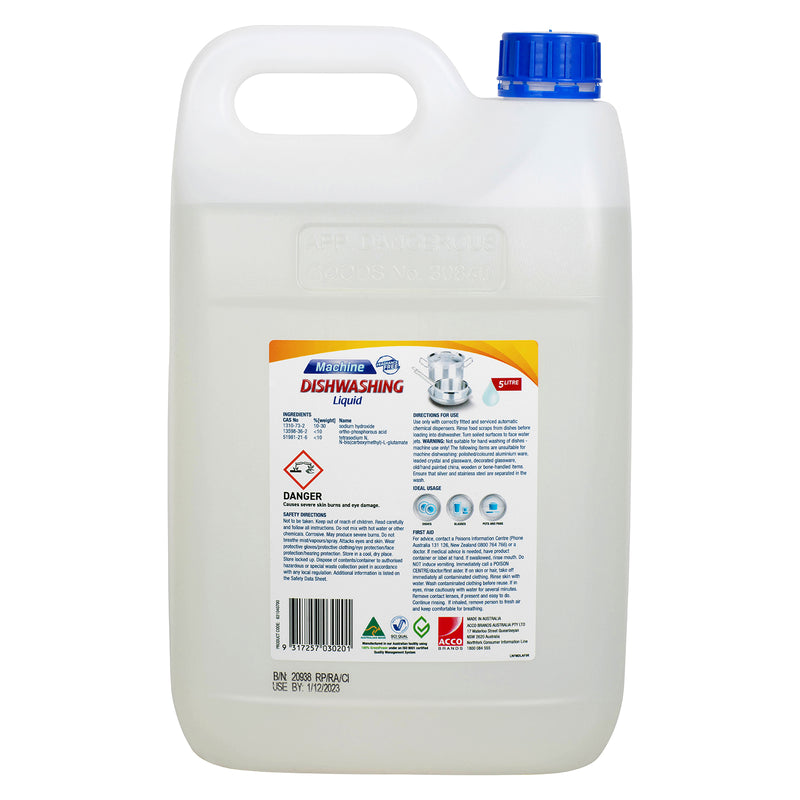 Rear view of the Northfork Machine Dishwashing Liquid 5L container displaying product directions, safety information, first aid instructions, ingredient details and barcode, providing customers with complete product information.