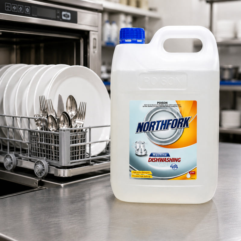 Northfork Machine Dishwashing Liquid 5L displayed on a stainless steel commercial kitchen bench beside an industrial dishwasher loaded with crockery and cutlery. The clean food preparation environment demonstrates the product's suitability for restaurants, cafes and catering facilities.