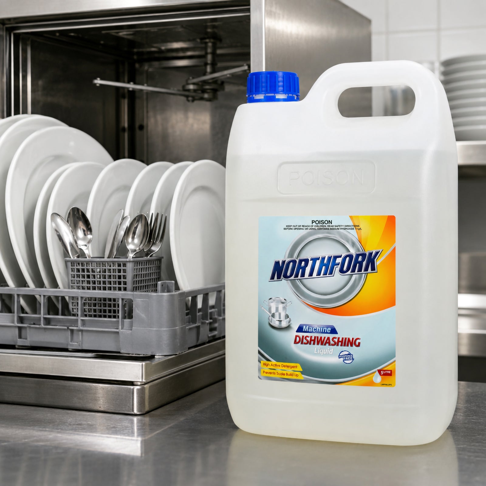 Northfork Machine Dishwashing Liquid 5L positioned beside an open commercial dishwasher loaded with clean white plates and polished stainless steel cutlery. The image showcases the product in a professional kitchen, emphasising commercial dishwashing performance and hygienic food service operations.