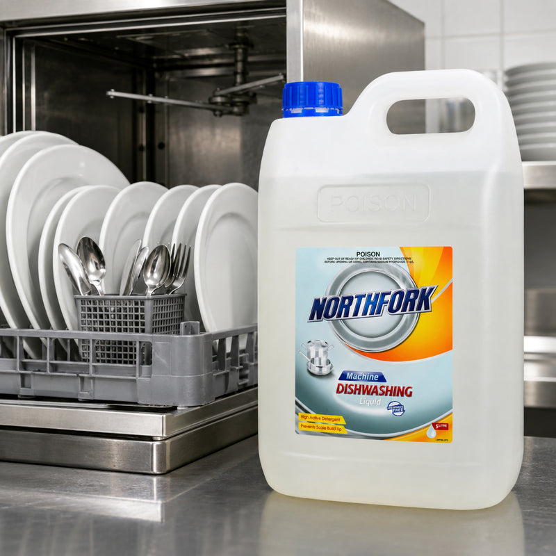 Northfork Machine Dishwashing Liquid 5L positioned beside an open commercial dishwasher loaded with clean white plates and polished stainless steel cutlery. The image showcases the product in a professional kitchen, emphasising commercial dishwashing performance and hygienic food service operations.