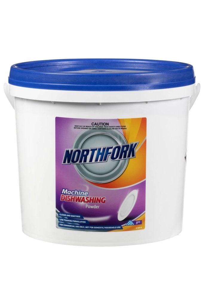 Northfork Machine Dishwashing Powder 5kg tub with blue lid, front view, sold as a carton of 4