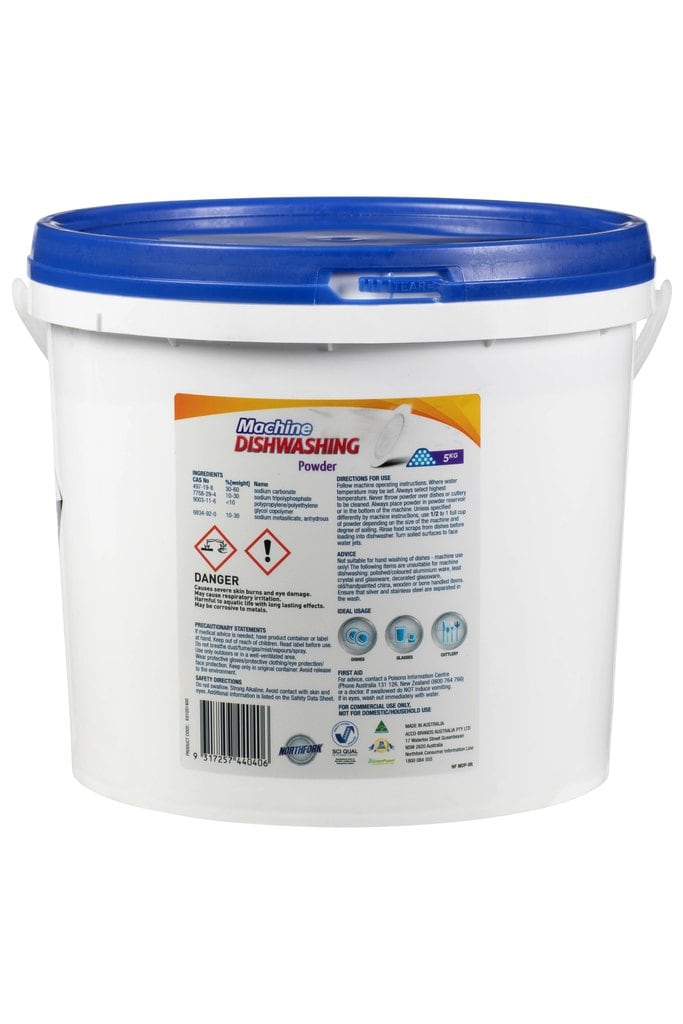 Back label of the Northfork machine dishwashing powder 5kg tub with hazard pictograms, one of 4 in the carton