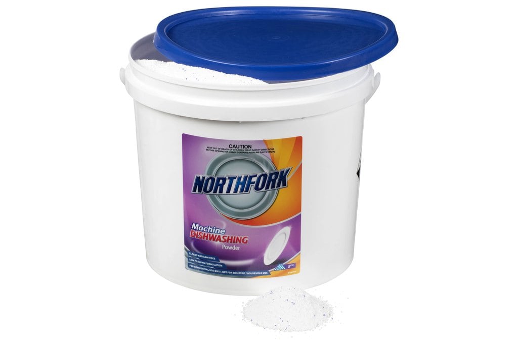 Northfork machine dishwashing powder tub with the lid lifted beside loose powder