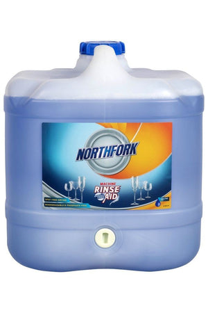 Northfork Machine Rinse Aid 15 litre drum with blue liquid, front view