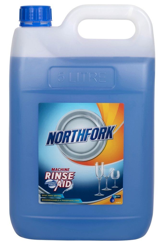 Northfork Machine Rinse Aid 5 litre container with blue liquid, front view, sold as a carton of 3
