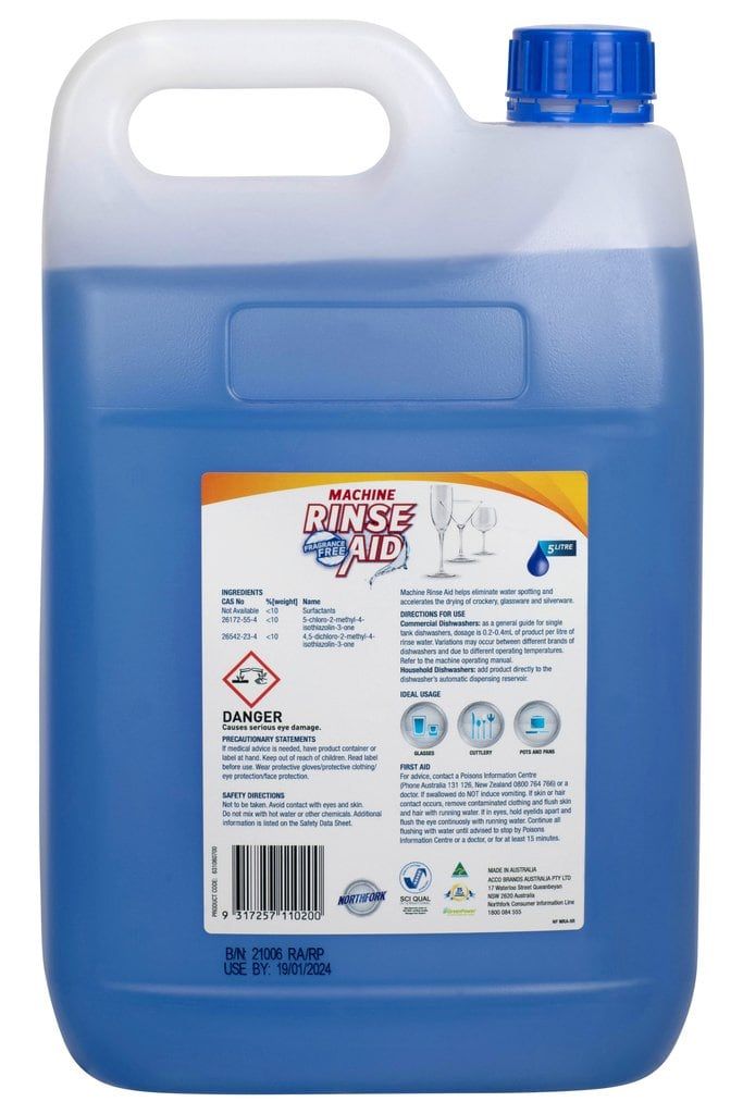 Back label of the Northfork machine rinse aid 5 litre container with Danger label, one of 3 in the carton