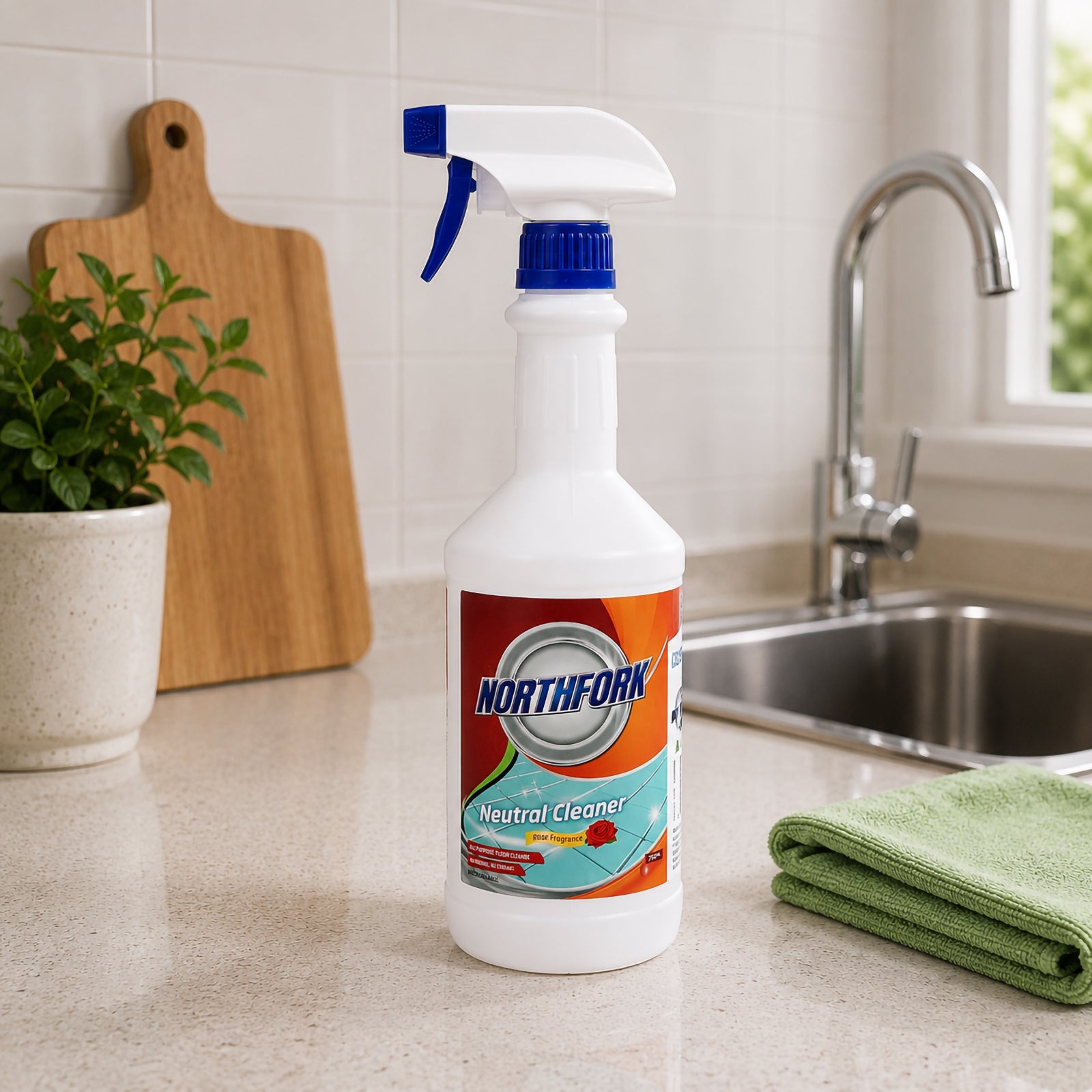 Northfork Neutral Cleaner 750ml trigger spray bottle standing on a bright kitchen benchtop beside a sink, cutting board, green microfibre cloth and indoor plant. The lifestyle scene demonstrates its versatility for everyday kitchen surface cleaning.