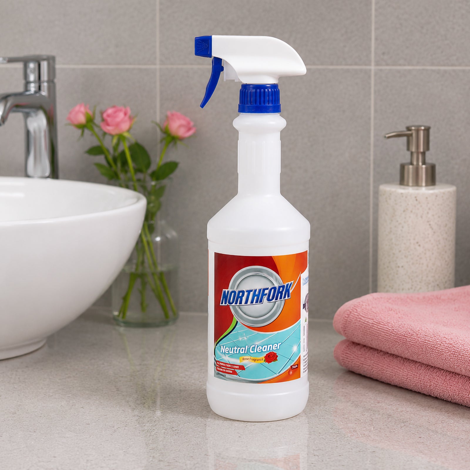 Northfork Neutral Cleaner 750ml displayed on a modern bathroom vanity beside folded pink towels, a soap dispenser and fresh flowers. The clean setting highlights its suitability for maintaining hygienic bathroom surfaces with a pleasant light rose fragrance.