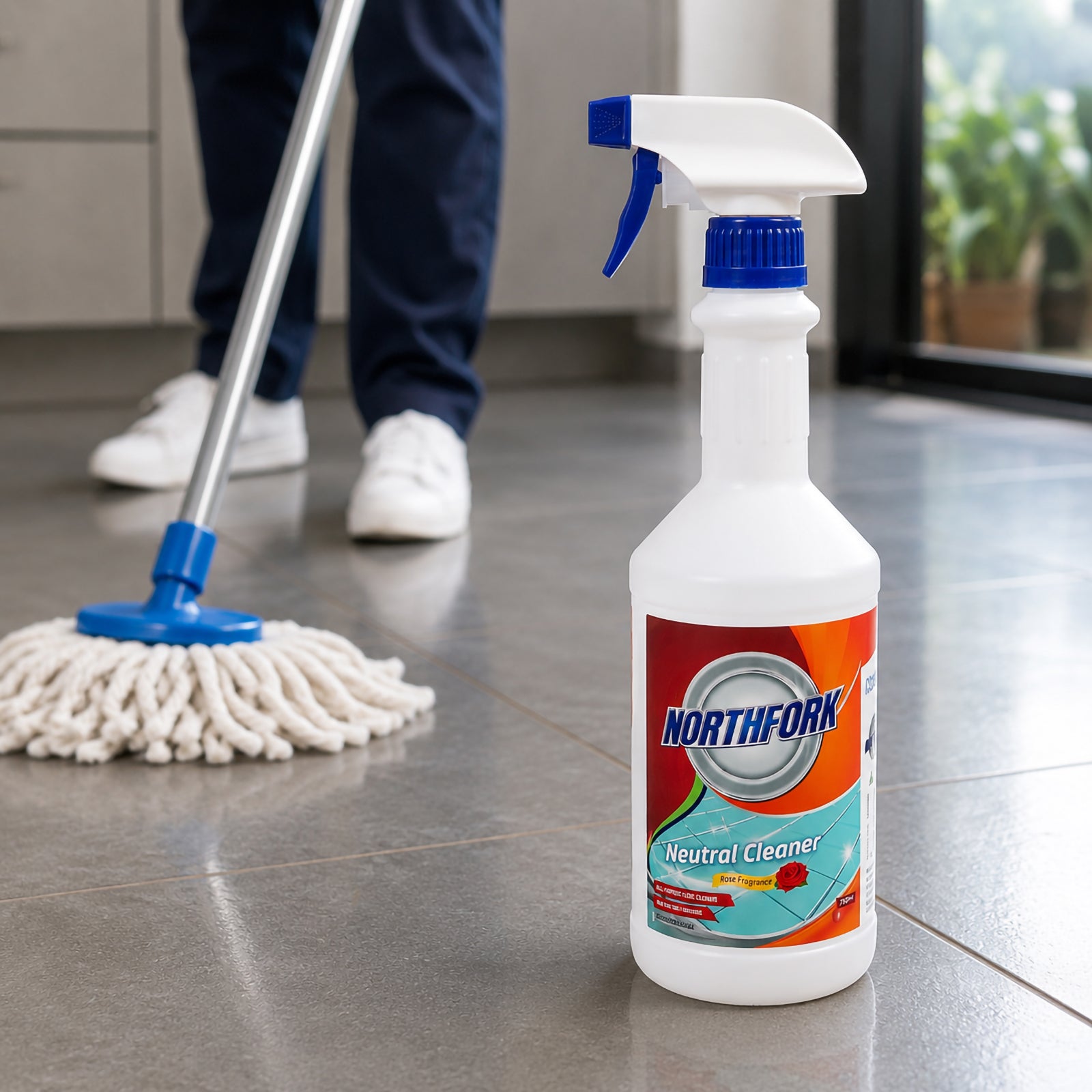 Northfork Neutral Cleaner 750ml trigger spray bottle positioned on a tiled floor beside a mop during routine commercial floor cleaning. The background shows an active cleaning environment, demonstrating the product's suitability for everyday professional floor maintenance.