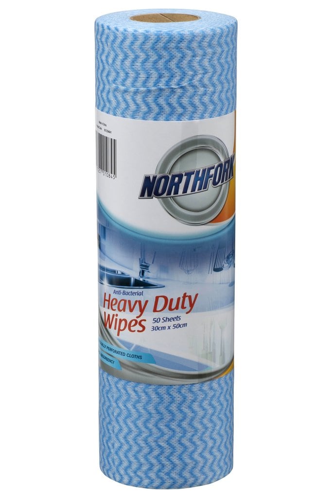 Northfork Heavy Duty Antibacterial Perforated Wipe roll in blue with the Northfork label, one roll of 50 sheets
