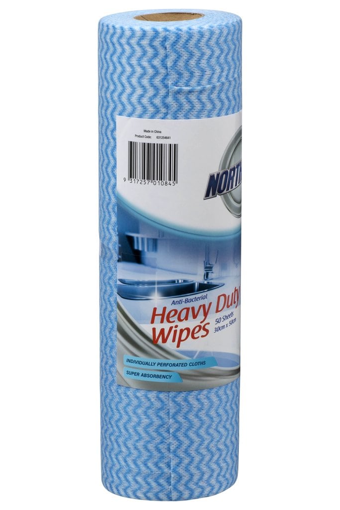 Northfork perforated wipe roll in blue turned to show the barcode side of the label, one roll of 50 sheets