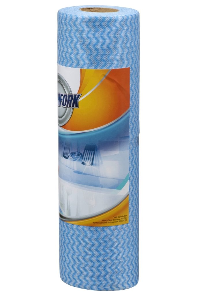Side view of the Northfork Heavy Duty Wipes roll label, blue perforated cloth roll of 50 sheets