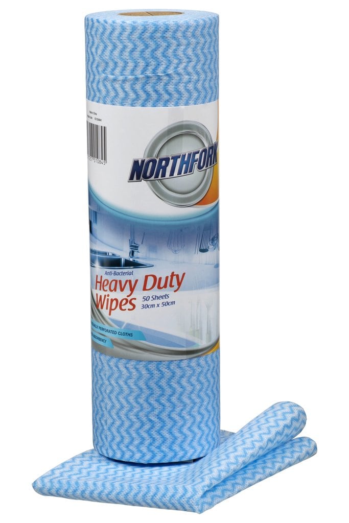 Northfork blue perforated wipe roll standing on two folded torn-off sheets, roll of 50 sheets