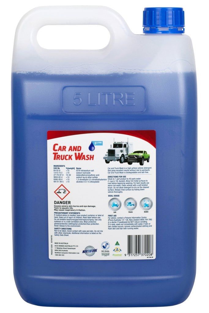 Back label of the Northfork Car and Truck Wash 5 litre bottle with directions and DANGER panel