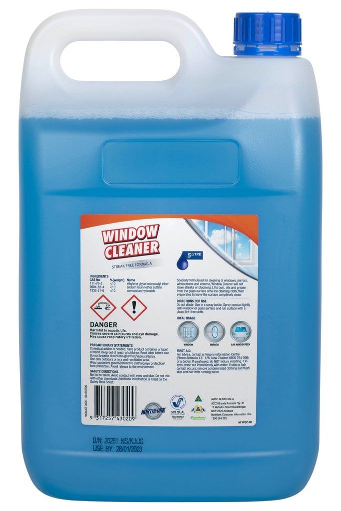 Back label of the Northfork Window and Glass Cleaner 5 litre bottle with ingredients, directions and Made in Australia statement