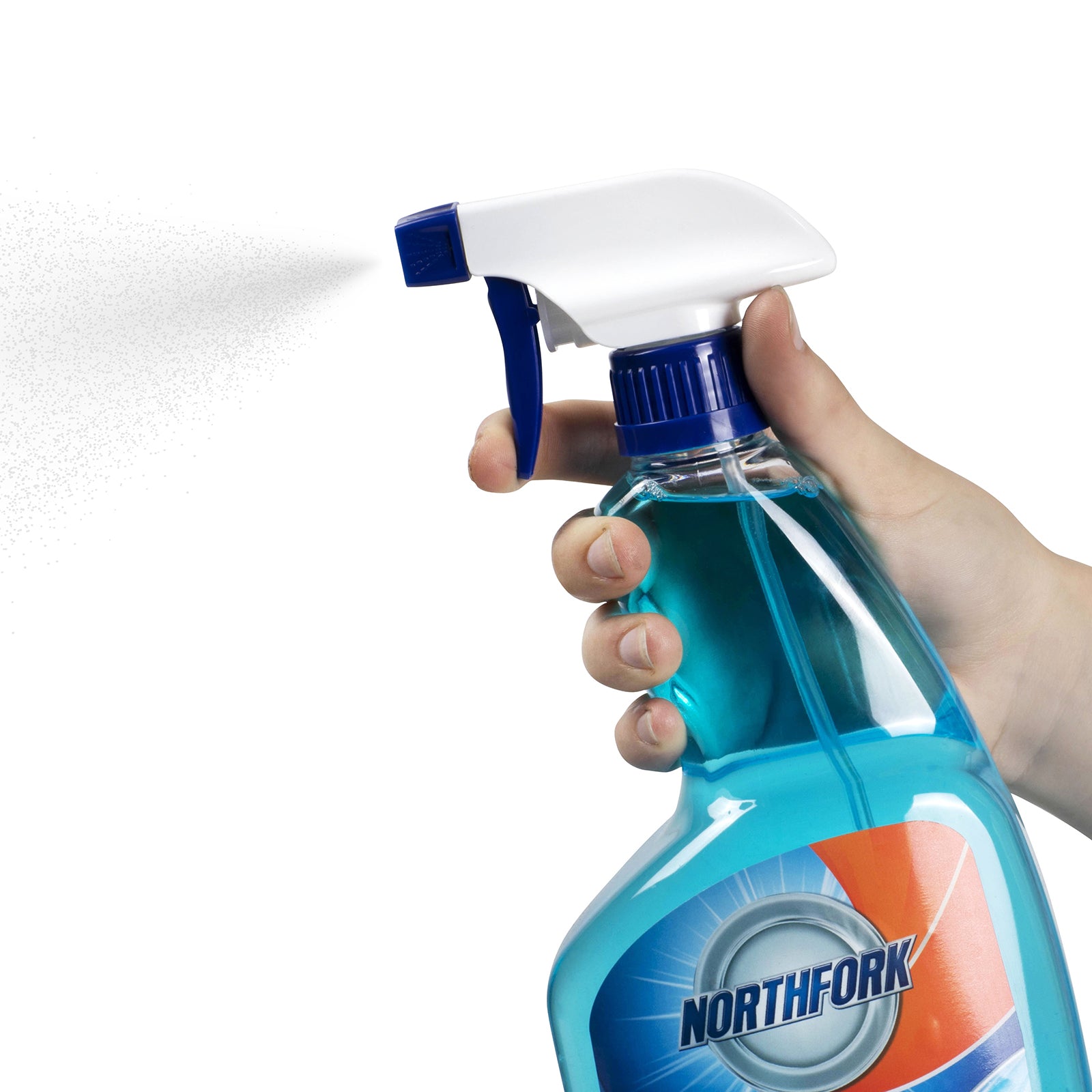 Close up view of a hand holding the Northfork Window and Glass Cleaner 750ml trigger bottle while spraying a fine mist against a clean white background. The image highlights the ergonomic trigger design and spray pattern, making it ideal for demonstrating product application.