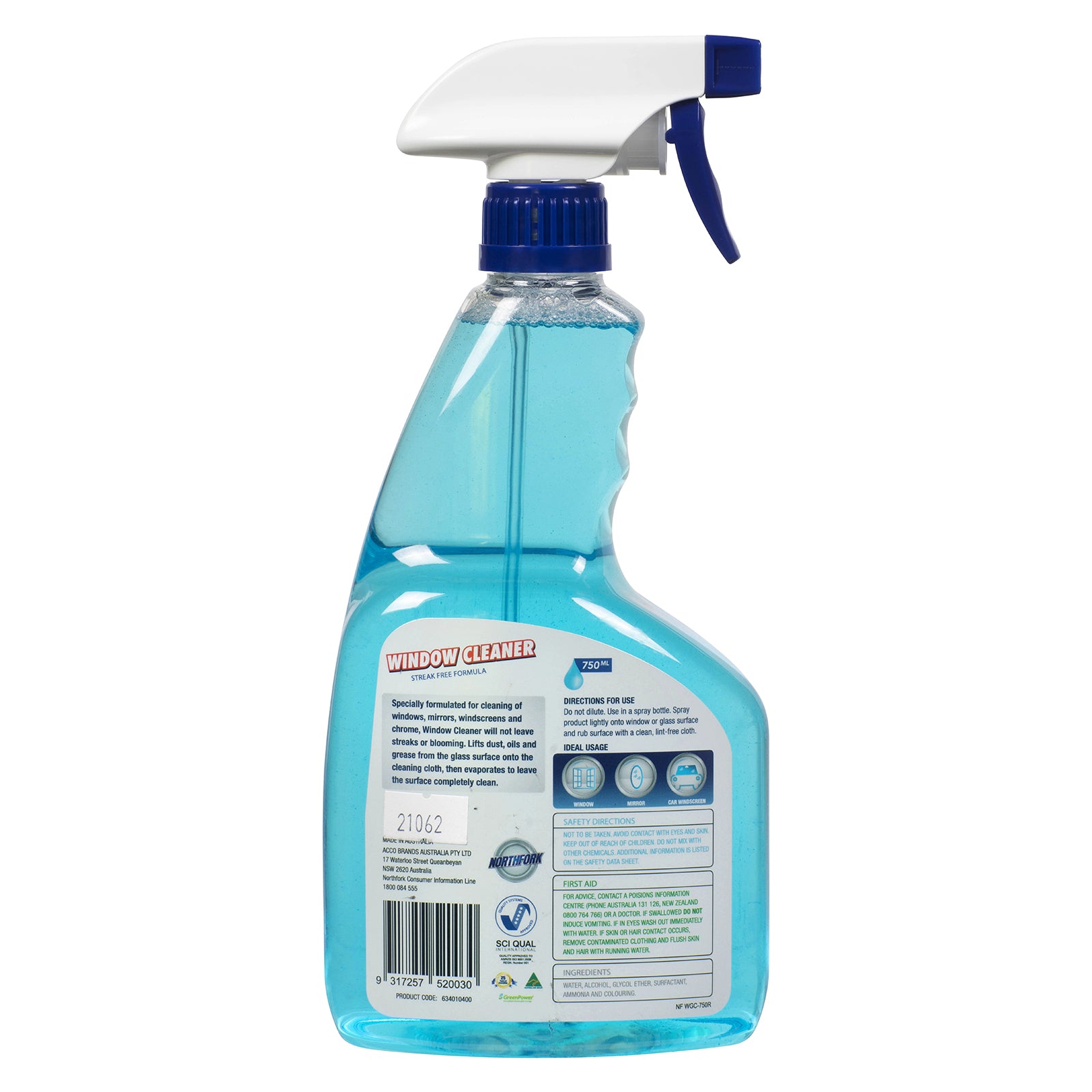 Rear view of the Northfork Window and Glass Cleaner 750ml bottle displaying usage instructions, safety information, ingredients and barcode. The image provides a clear look at the product labelling and packaging details for customer reference.